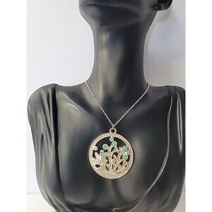 Vintage Tree of Life Necklace Silver Tone Simulated Iridescent Crystals Jewelry